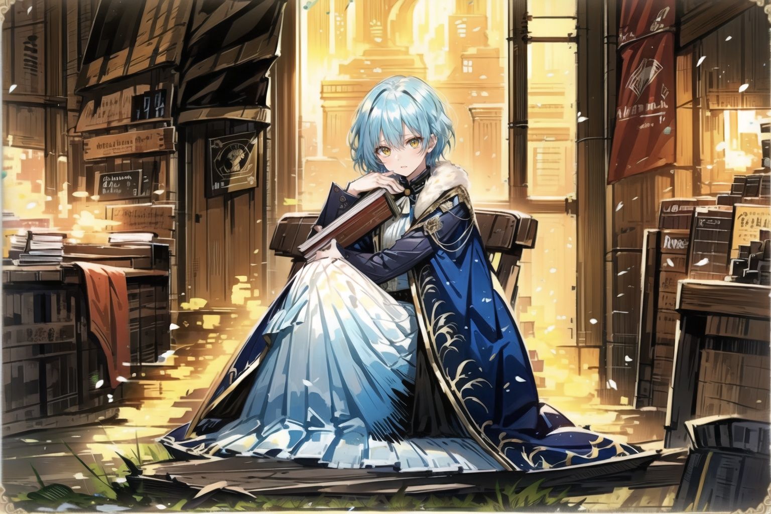 ((1girl)), (solo, glowing light), Medium view, girl focus, ((sitting sideways on a luxurious chair, hand supporting chin, full body,indoors, library, holding a book)), looking out of the camera, ((yellow eyes, sky_blue_hair, short hair)), detailed engraved picture part, delicate and beautiful face, exotic, (aristocratic clothing, fluff, golden feathers), epic, masterpiece, wooden, ancient, <lora:EMS-24720-EMS:1>, <lora:EMS-14220-EMS:1.2>, <lora:EMS-2850-EMS:0.7>