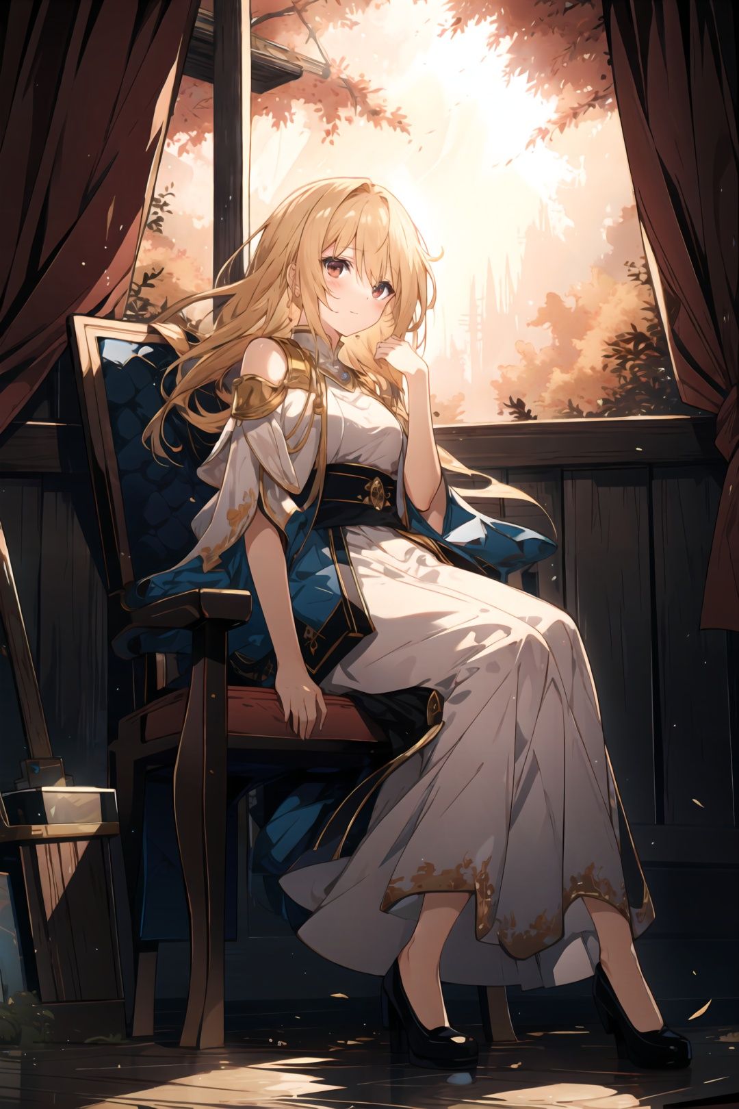 Medium view, girl focus, a girl, ((sitting sideways on a luxurious chair, hand supporting chin, full body)), looking out of the camera, red eyes, detailed engraved picture part, delicate and beautiful face, exotic, (mysterious forest), high detail red eyes, wind, wind blowing hair, windward, long hair, (aristocratic clothing, fluff, golden feathers), epic, masterpiece, wooden, anciient, golden hair, <lora:水润RenalithV3（改）:1>, <lora:修手V3:1.2> 