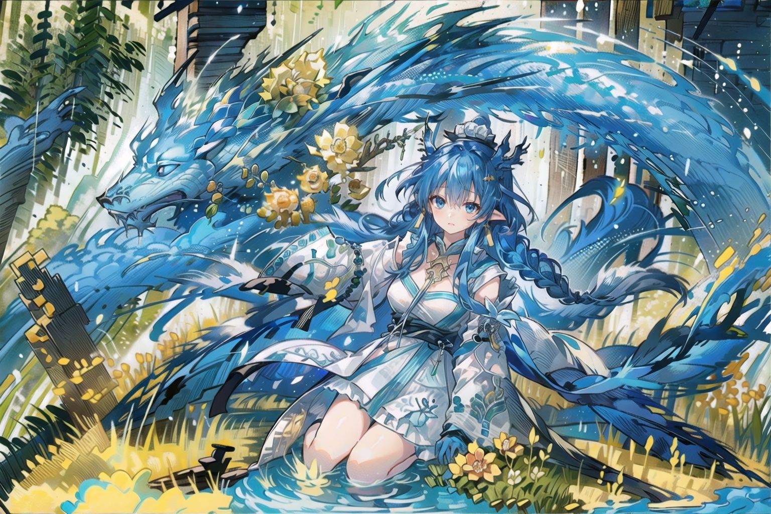 {{white, background}},((best quality)), ((masterpiece)), ((ultra-detailed)), (illustration), (detailed light), (an extremely delicate and beautiful),((trim)),incredibly_absurdres,(ray tracing),Chinese ink painting, ((azure dragon)), (In a land where magic thrived, there lay an Enchanted Forest, shrouded in mystery and wonder. In this forest, tall trees whispered secrets to the wind, and streams glistened with a magical glow, a curious young girl with an insatiable thirst for adventure, found herself drawn to the forest's allure.),girl focus, a girl, ((full body)), (solo), <lora:EMS-24720-EMS:1>, <lora:EMS-14220-EMS:1.2>, <lora:EMS-4930-EMS:0.9>, <lora:EMS-18851-EMS:0.4>