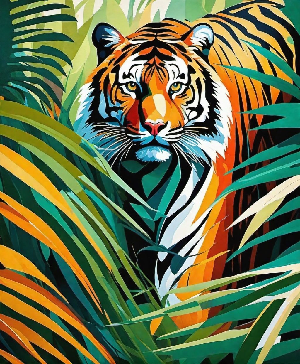 abstract style painting,  tiger in jungle brush stalking prey on Tensor.Art