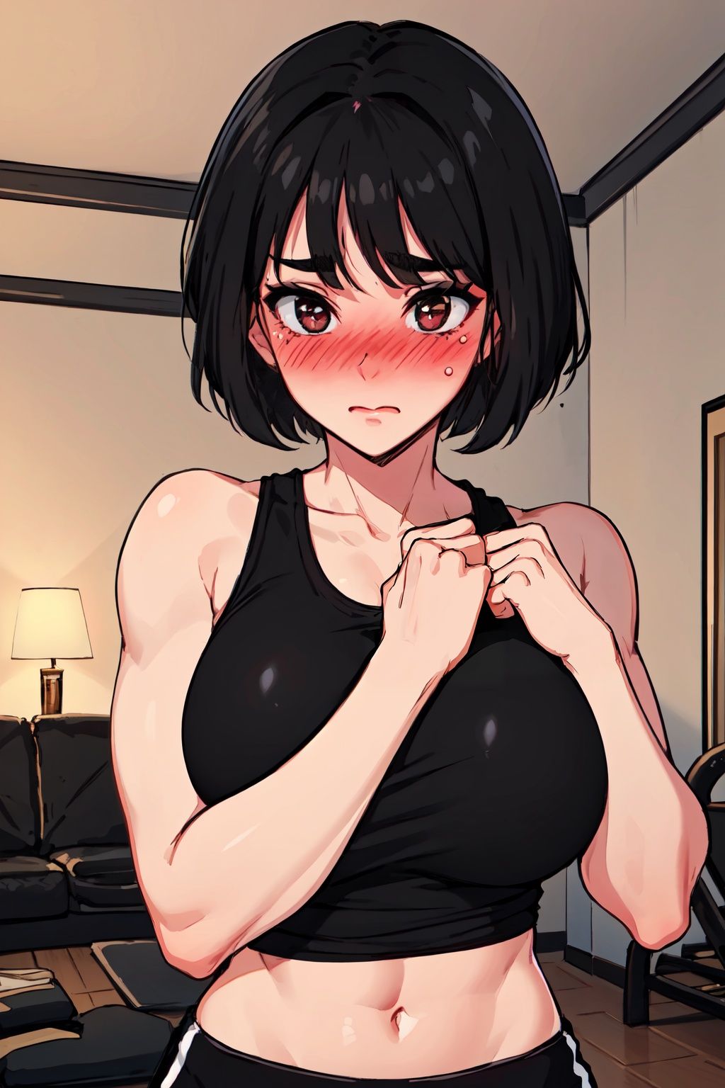 masterpiece, best quality, 1girl, (masterpiece:1.2, best quality), (1lady, solo, upper body:1.2),  Tomboy, Muscular, (large breast:1.2), (blushed body:1.5), hot body, Clothes: ****_top , Appearance: short pixie black hair, (black hair:2),, natural makeup, Location: Living_room, grey, Hobbies: workout