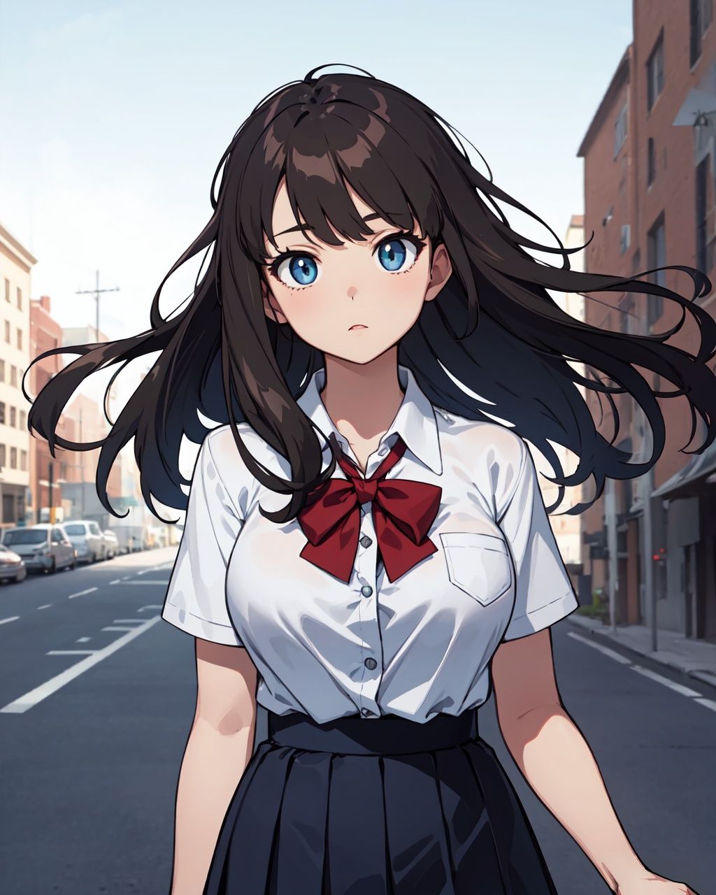 masterpiece, best quality, 1girl, best quality, masterpiece, ultra high res, an extremely delicate and beautiful, depth of field, film grain, professional lighting, 1girl, solo, long brown hair, hair blowing in the wind, big blue eyes, medium breasts, white button shirt, black skirt, school uniform, cute, young, posing, looking at viewers, school building