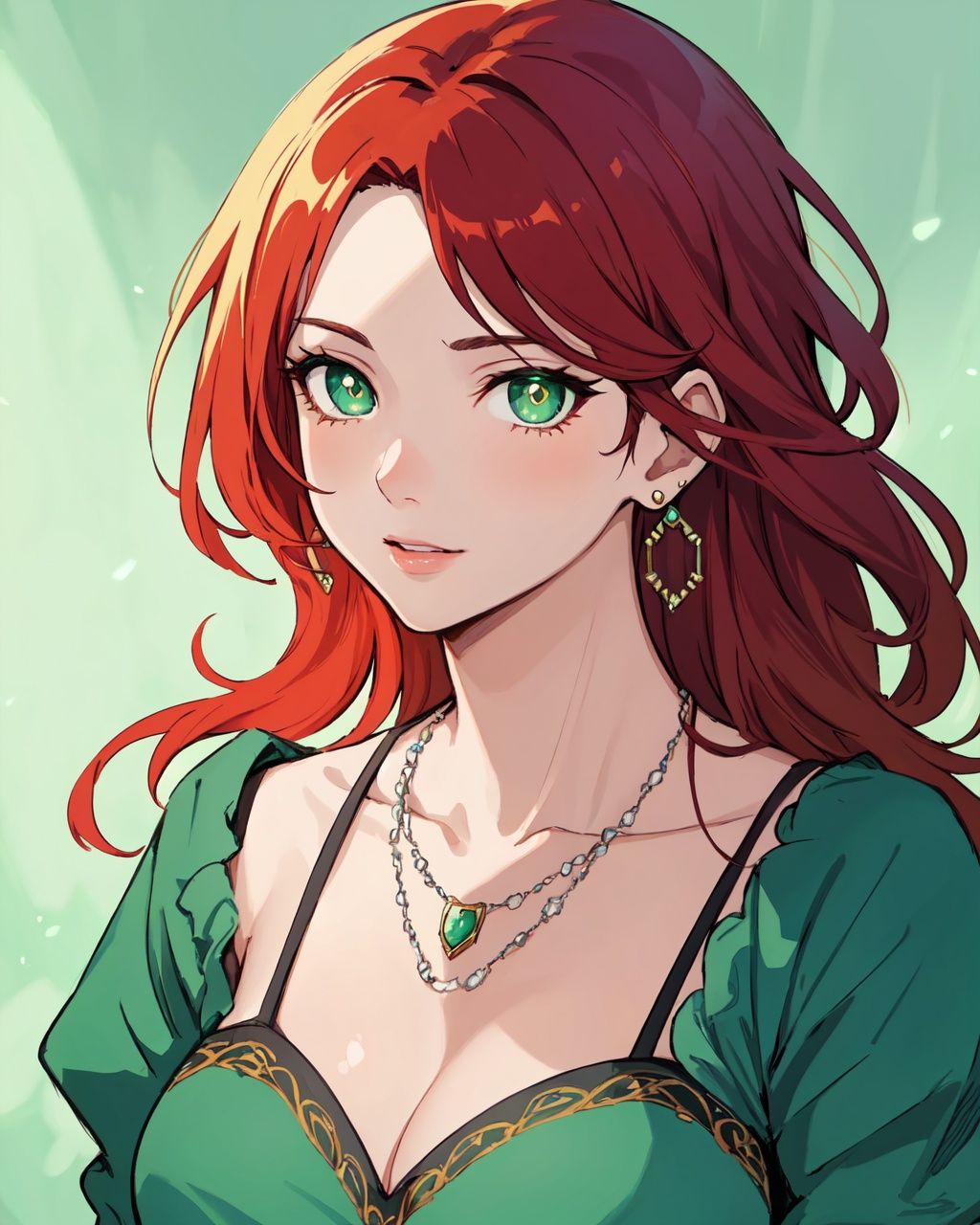 masterpiece, best quality, 1girl, 1female, detailed face, beatiful lady, flower dress, colorful, green theme, full body image, platinum earrings, necklace, cute, dynamic lighting, cinematic lighting, delicate facial features, detailed eyes, green eyes, long red hair, realistic pupils, 8k ultra hd, super realastic, (full color:1.5)