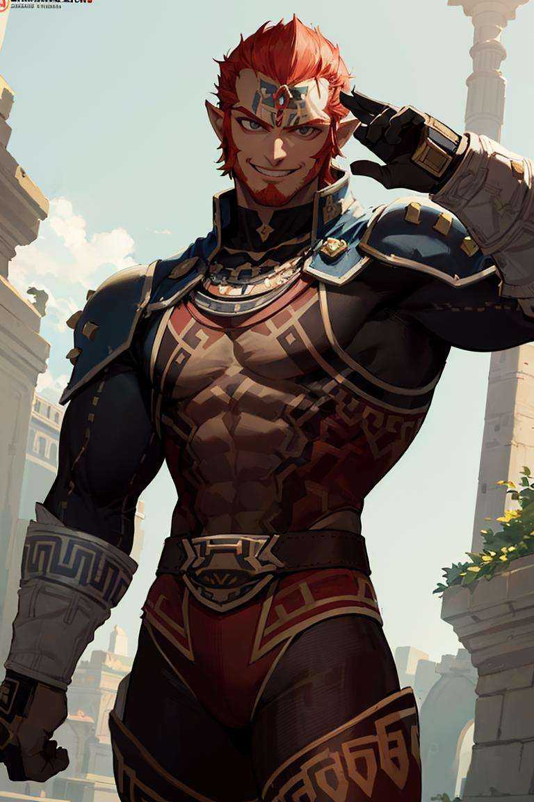 ((masterpiece,best quality)), absurdres, <lora:OoT_Ganondorf_Zelda:0.6>, OoT_Ganondorf_Zelda, solo, smiling, looking at viewer, cowboy shot, cinematic composition, dynamic pose