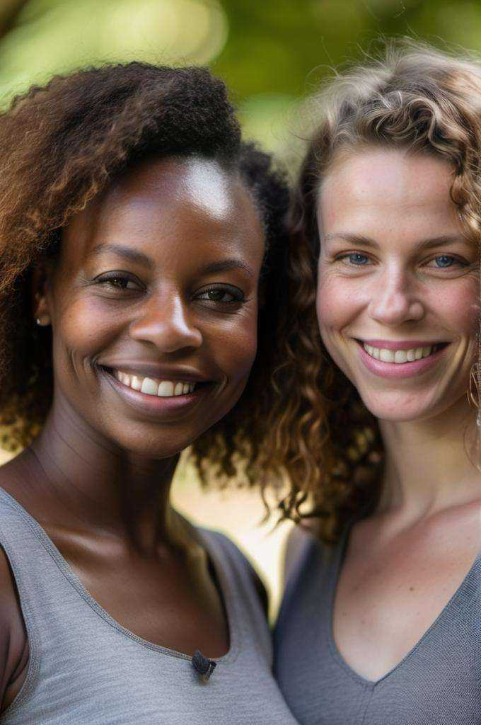 In an endearing close-up photograph,  two close young european and african woman,  with radiant smiles and sparkling eyes...