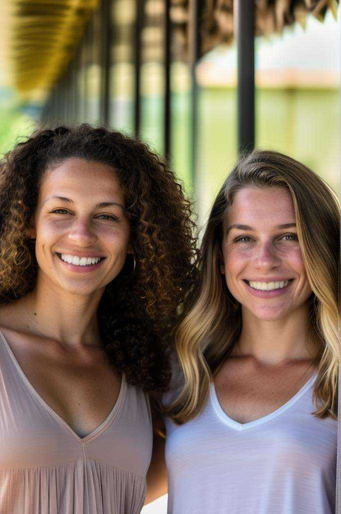 In an endearing close-up photograph,  two close young european and brazilian woman,  with radiant smiles and sparkling eye...