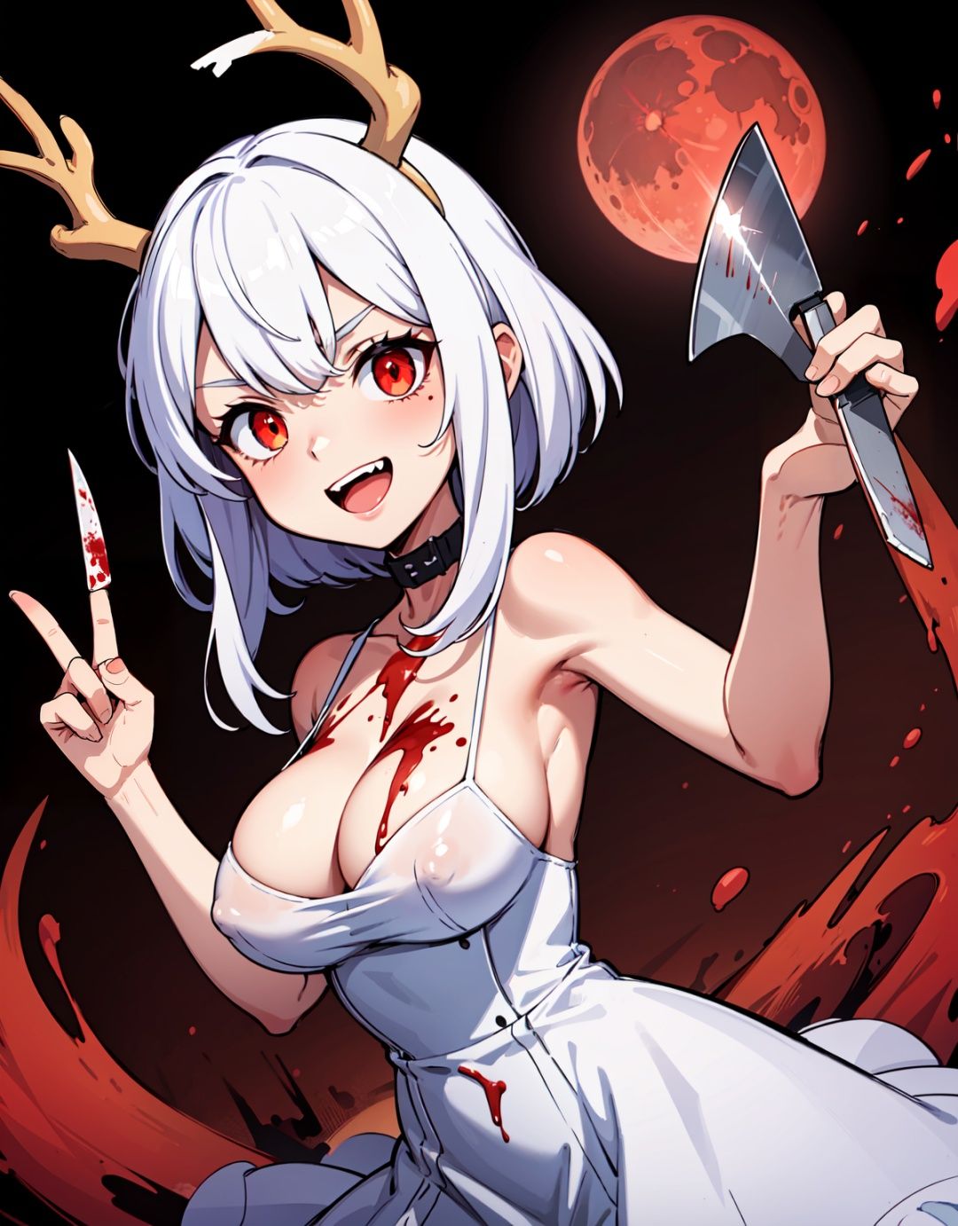 masterpiece, best quality, 1girl, windigo girl, bloody antlers, psychotic, crazy, holding a knife, wearing a white dress, with white hair, messy hair, big boobs, red glowing eyes, big smile, bleeding, with blood stains on her dress, with blood stains on her skin, menacing pose, dark background, night time, glowing blood moon in the background, masterpiece,