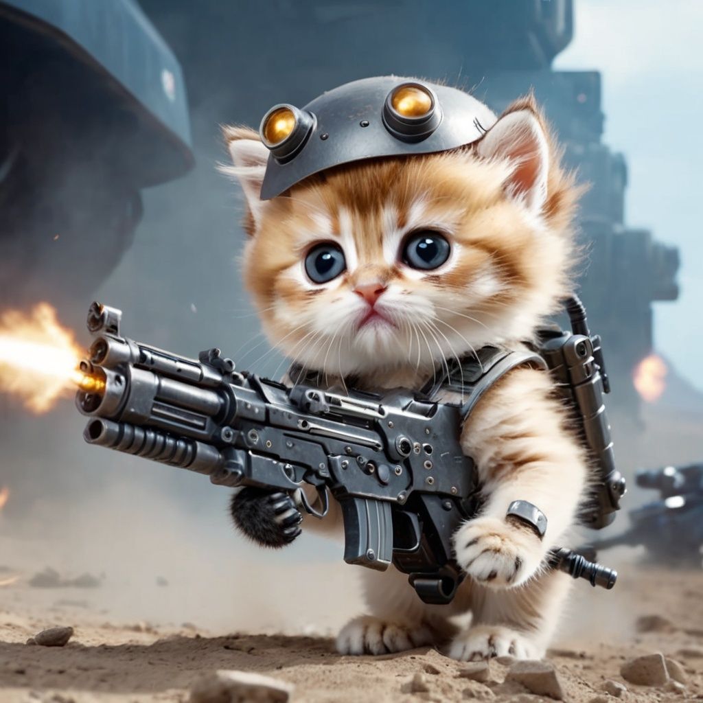 cinematic film still a photo of a [cute kitten-boy hybrid|kitten-man hybrid]  wearing a helmet and a mecha is fighting with a machine gun on the battlefield,8k,[best quality],masterpiece,ultra-fine painting,ultra-fine painting,extreme detail description,<lora:jinjianceng-000005:0.6>,Bokeh,cool lighting,(fashion clothes:1.7),young style clothing,(kitten in clothes:1.8),(no humans:1.6),motion blur,(hybrid:1.4),stand,vignette,cable,(mechanical parts:1.5),spine,(cyborg:1.9),science fiction,<lora:cyborg_style_xl:1>,manipulator,the kitten is a special forces soldier with a machine gun in hand,(the background is the future battlefield:2),there is a spaceship,prospect,large scene,(full body:1.4),panoramic view,war-ridden,(various shells and injured ground and buildings:1.4),(a large spaceship:1.4),(soldiers are coming out the back door:1.7),and robots,many soldiers,(damaged road surface:1.4),(uneven ground:1.7),****,(helmeted:2.3),fully armed,(wearing a helmet:2.1),a special forces kitten wearing a helmet and a mecha is fighting with a machine gun on the battlefield, . shallow depth of field, vignette, highly detailed, high budget, bokeh, cinemascope, moody, epic, gorgeous, film grain, grainy