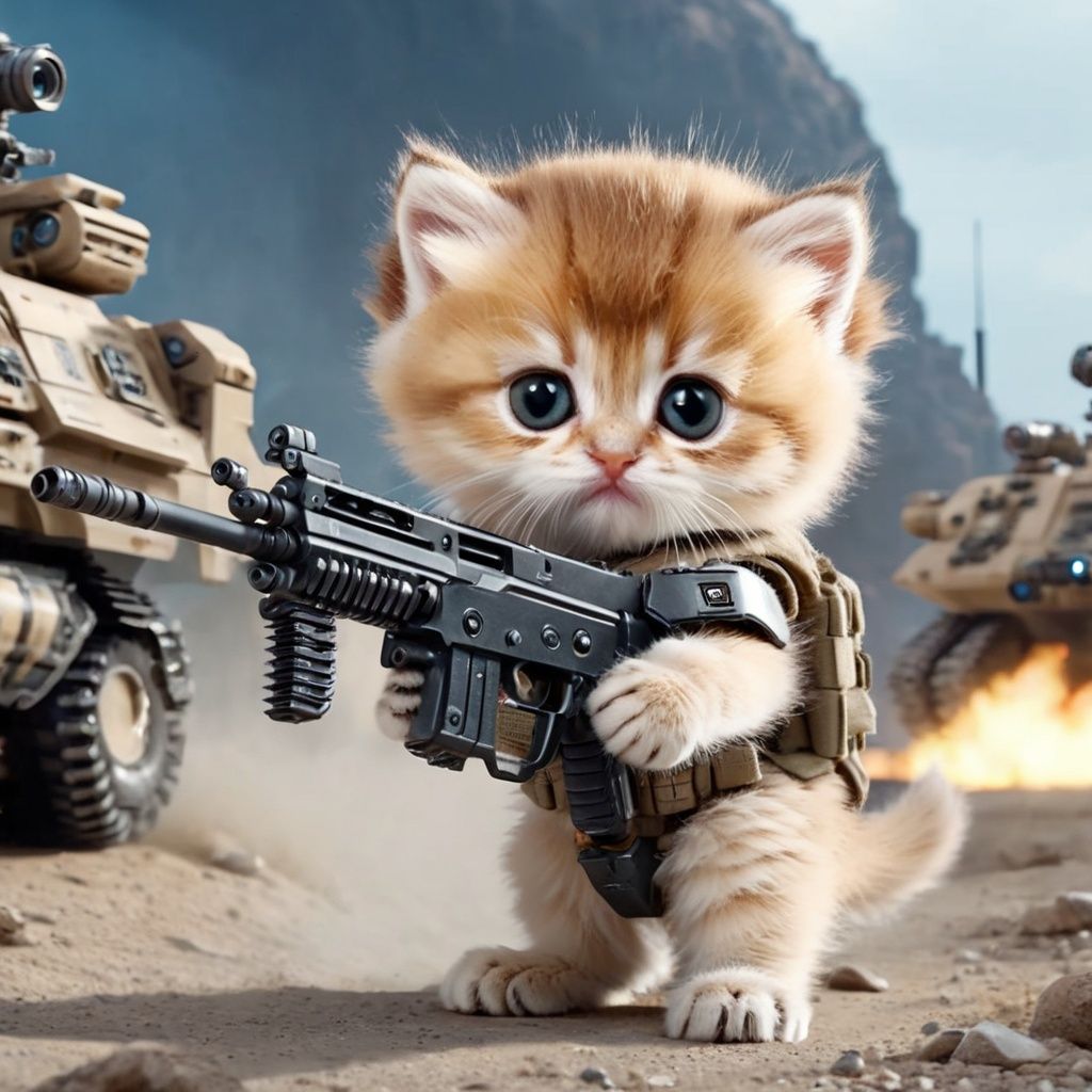 cinematic film still a photo of a [cute kitten-boy hybrid|kitten-man hybrid]  is a special forces soldier with a machine gun in hand,8k,[best quality],masterpiece,ultra-fine painting,ultra-fine painting,extreme detail description,<lora:jinjianceng-000005:0.6>,Bokeh,cool lighting,(fashion clothes:1.7),young style clothing,(kitten in clothes:1.8),(no humans:1.6),motion blur,(hybrid:1.4),stand,vignette,cable,mechanical parts,spine,android,(cyborg:1.7),science fiction,<lora:cyborg_style_xl:1>,manipulator,the kitten is a special forces soldier with a machine gun in hand,(the background is the future battlefield:2),there is a spaceship,prospect,large scene,(full body:1.4),panoramic view,war-ridden,(various shells and injured ground and buildings:1.4),(a large spaceship:1.4),(soldiers are coming out the back door:1.7),and robots,many soldiers,(damaged road surface:1.4),(uneven ground:1.7),****,(helmeted:2.3),fully armed,(wearing a helmet:1.4), . shallow depth of field, vignette, highly detailed, high budget, bokeh, cinemascope, moody, epic, gorgeous, film grain, grainy