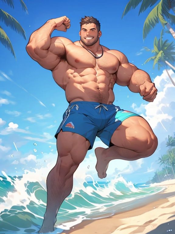 Best quality, masterpiece, ultra high res, detailed background, game_cg, solo, mature male, muscular male, bara, thick thighs, thick arms, (dynamic pose:1.2), topless, full body, full shot, at the seaside, on the beach, waves, sunshine, smile, shorts, beach castle, coconut tree, <lora:HuggyMaleLora-10:0.6>, 