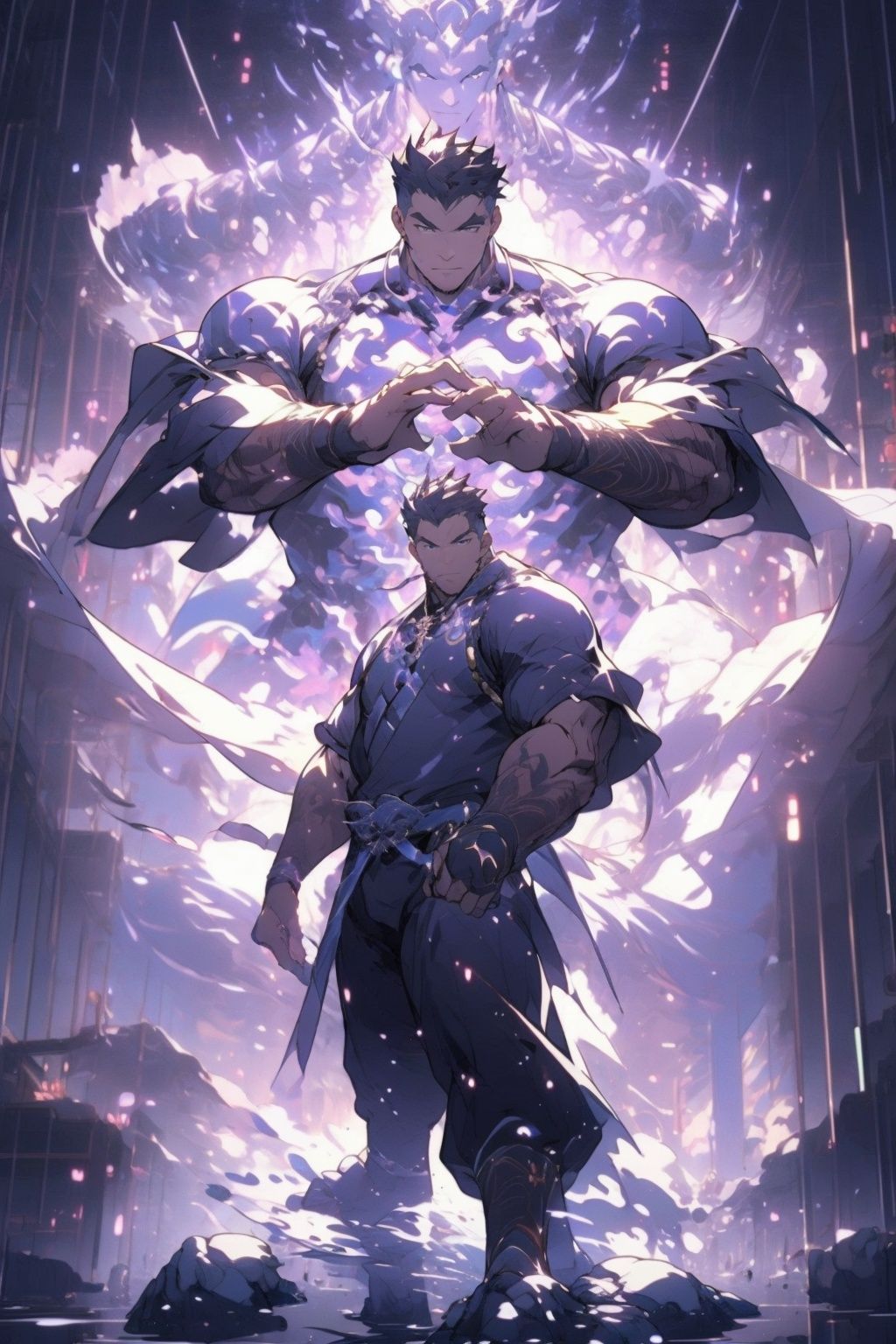 (masterpiece:1.2), best quality,PIXIV,  taoist,1 character standing in front of purple glowing taoist,transparent,  ,Muscular Male, (dynamic pose:1.3)