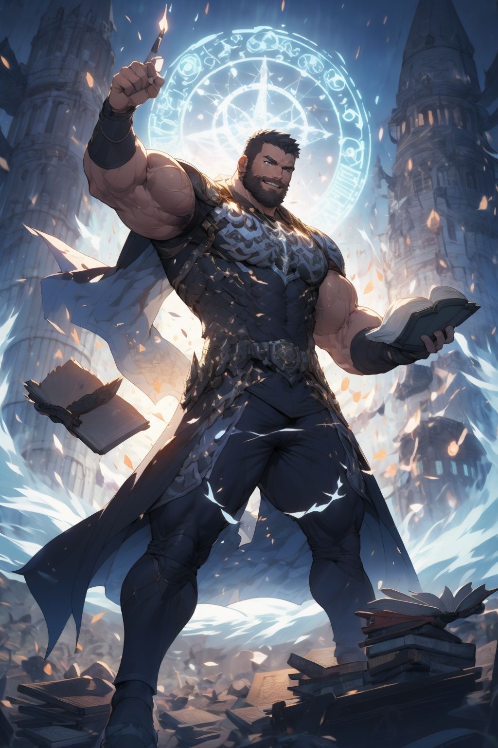 (masterpiece:1.2), best quality,PIXIV, Magic Circle,book,glowing,Muscular Male,dynamic pose,beard, holding a book, bare shoulder, gown,full_body, full shot, (dynamic pose:1.3)