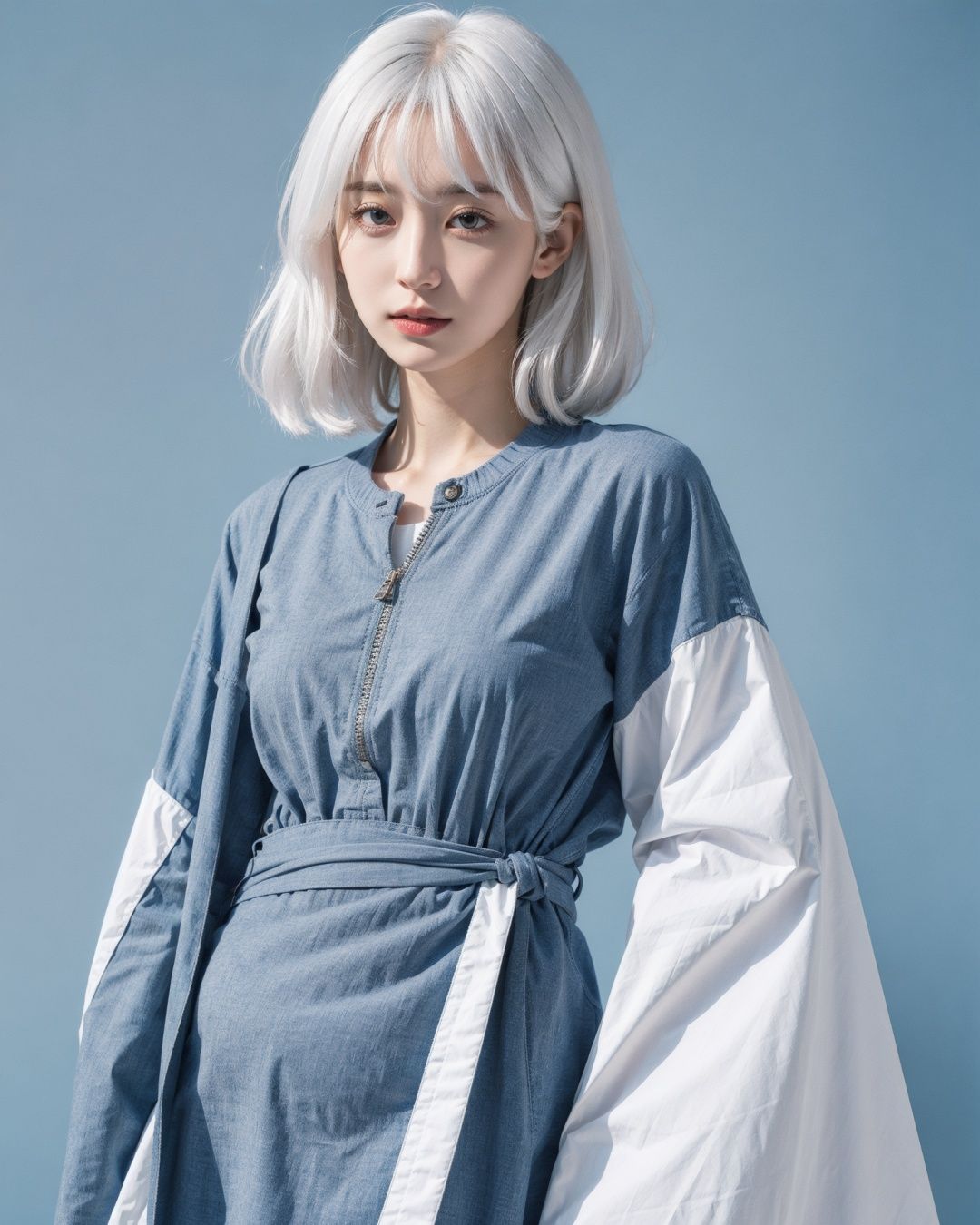 1girl,moyou,white hair,blue background,upper body,