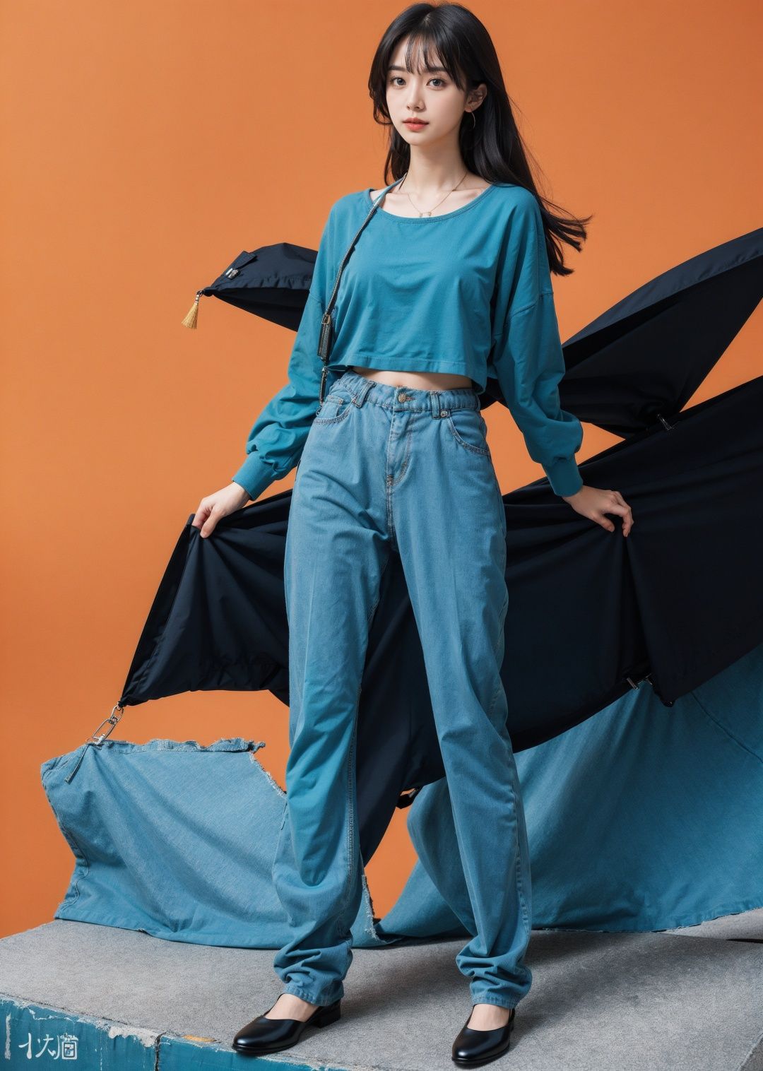 (1girl:1.1),moyou,solid background,orange background,blue clothes,(full body:1.1),