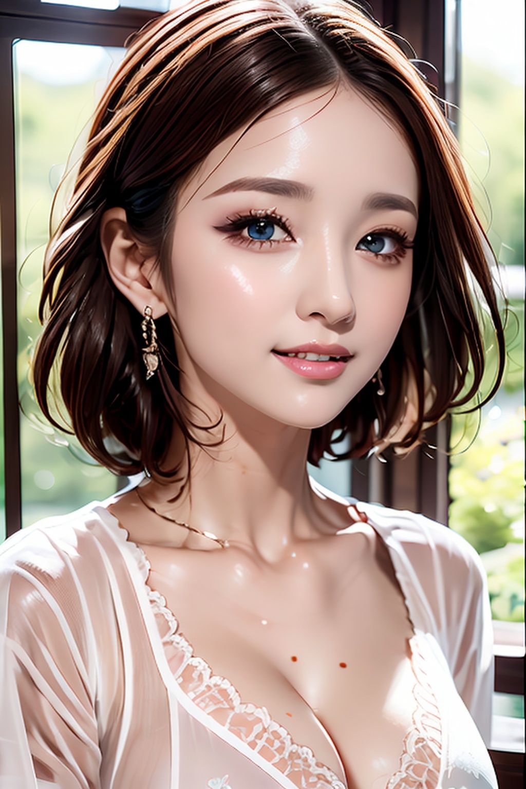 Highly detailed 8K wallpapers）,tack sharp focus,A detailed,драматичный,transparent white shirt,Raised sexy,ssmile,pupils,full bodyesbian,s delicate face