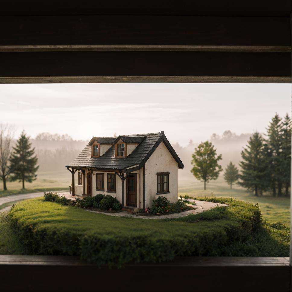 Miniature world, no human, misty comes, small village, forest:1, small house, small human,  <lora:Miniature world(final1):1>