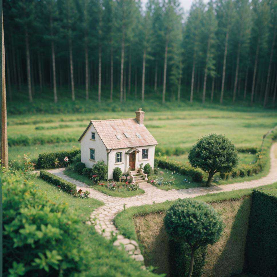 Miniature world, no human, misty comes, small village, forest:1, small house, small human:1,  <lora:Miniature world(final1):1>