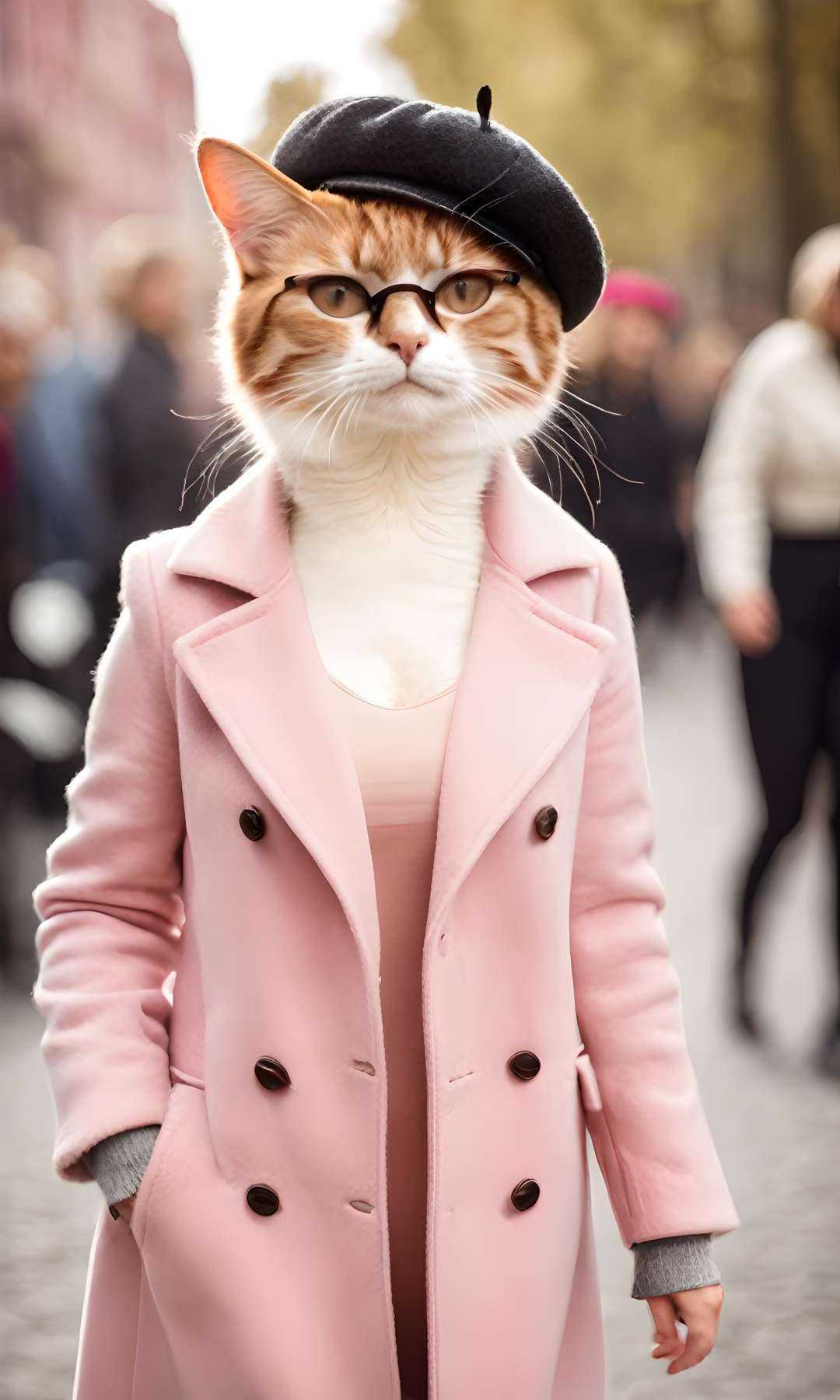 cinematic film still HDR,UHD,8K,Highly detailed,realistic,photo-realistic:1.37,best quality,masterpiece, maomi,blurry background,blurry,sunglasses,hat,hands in pockets,coat,standing,shirt,solo,outdoors,shoes,full body,pink headwear,depth of field,open clothes, cat furry, . shallow depth of field, vignette, highly detailed, high budget, bokeh, cinemascope, moody, epic, gorgeous, film grain, grainy