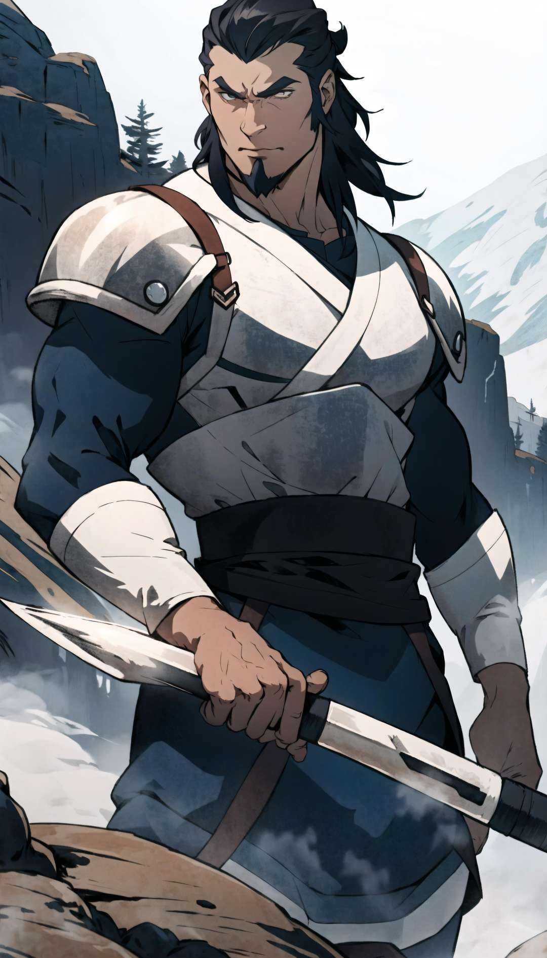 (cowboy shot),  sfw, (masterpiece), (best quality:1.0), (ultra highres:1.0), detailed eyesBREAK<lora:TonraqTLOK-000007:0.7>TonraqTLOK , muscular male, knight, wolf-shoulder armor, holding, weapon<lyco:UnlimitedBladeWorksV1:1.0>BREAKoutdoors, gorgeous view                  