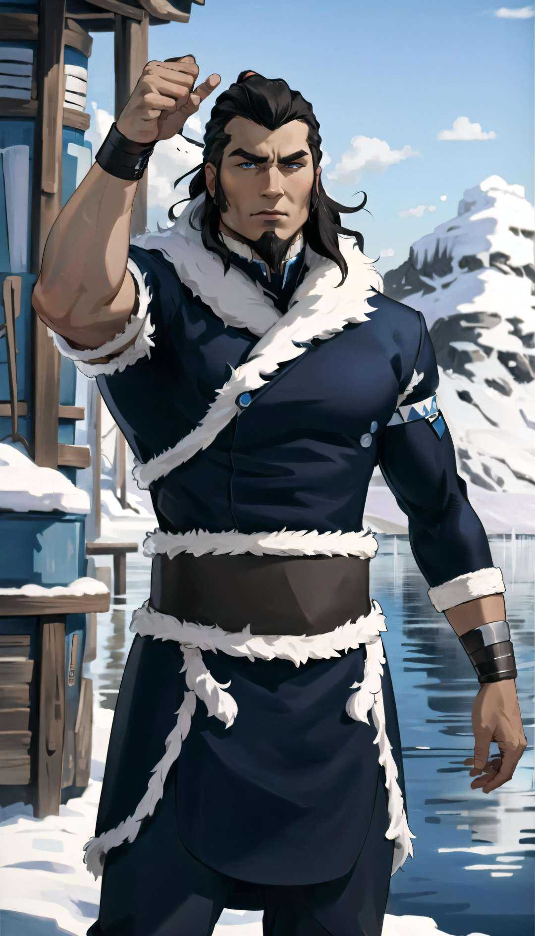 (cowboy shot),  sfw, (masterpiece), (best quality:1.0), (ultra highres:1.0), detailed eyes, scenic shotBREAK<lora:TonraqTLOK-000007:0.9>TonraqTLOK , muscular male, dynamic poseblue coat, fur trim, belt, waistband, bracers, necklaceBREAKwinter, gorgeous view