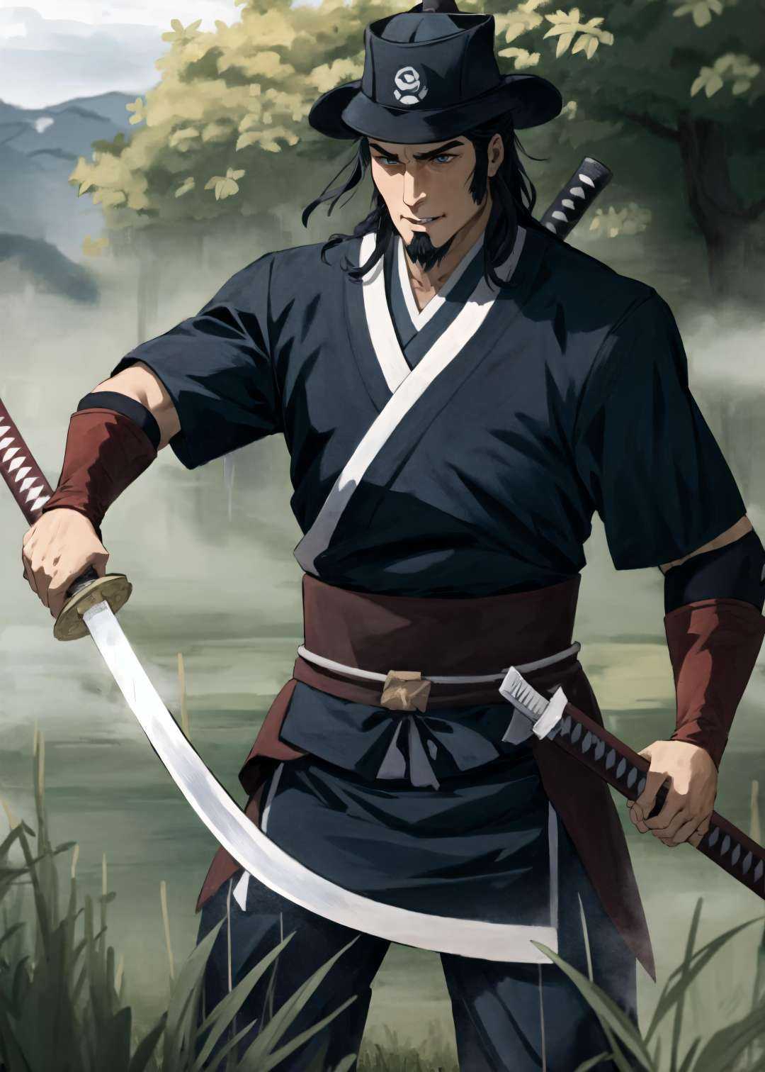 (cowboy shot),  sfw, (masterpiece), (best quality:1.0), (ultra highres:1.0), detailed eyesBREAK<lora:TonraqTLOK-000007:0.7>TonraqTLOK , dynamic pose, samurai robes, ronin, samurai hat<lyco:UnlimitedBladeWorksV1:1.0> holding katana, pouchesBREAKpaddy fields, gorgeous view 