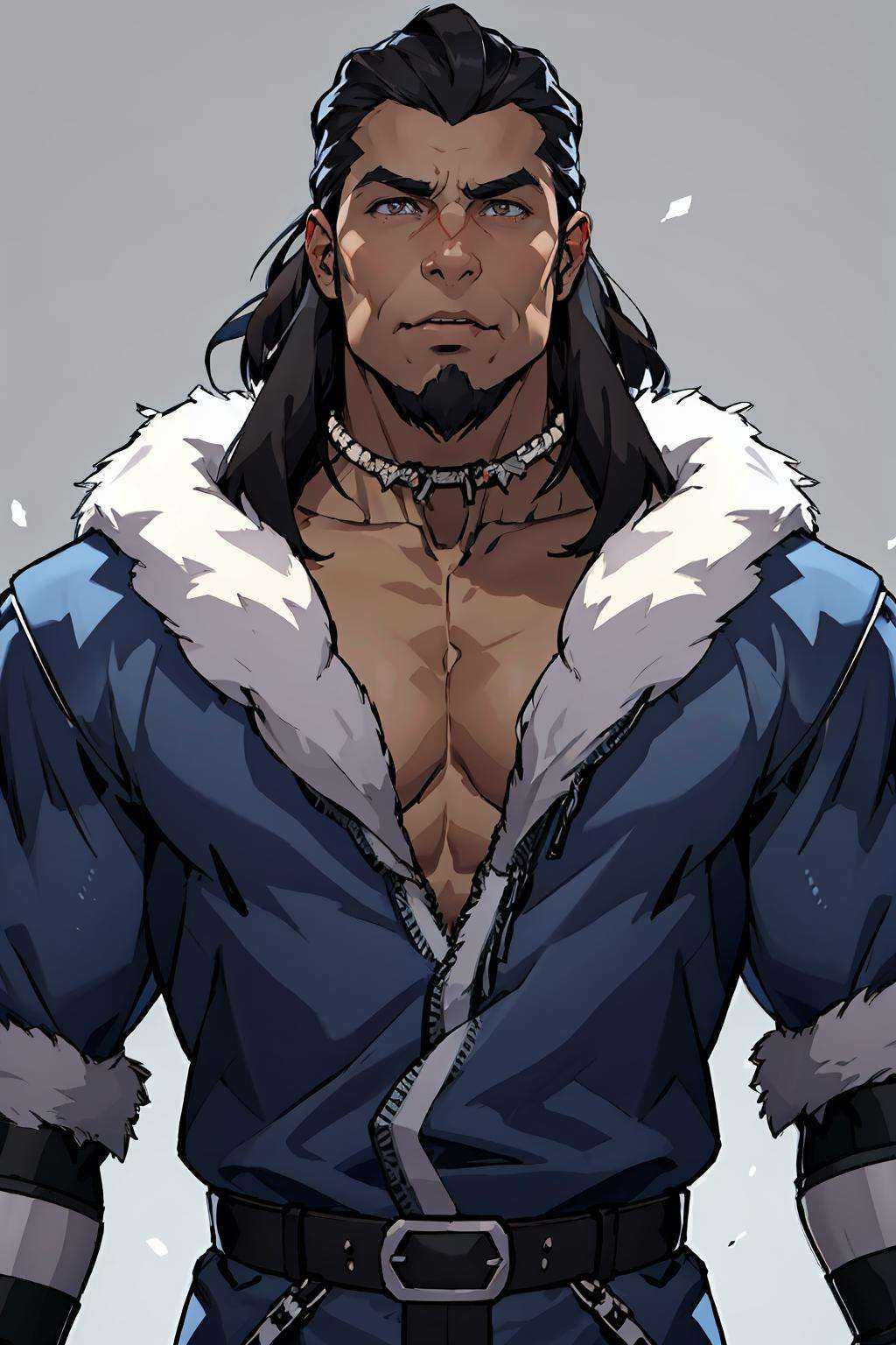 masterpiece, best quality, ultra-detailed, Portrait of  attractive Tonraq, blue coat, fur trim, belt, waistband, bracers, necklace, looking_at_viewer, cleavage, closed_mouth, simple_background, portrait, detailed eyes, volumetric lighting, intricate details, tonemapping, sharp focus, hyper detailed, trending on Artstation,    <lora:Tonraq:0.7>