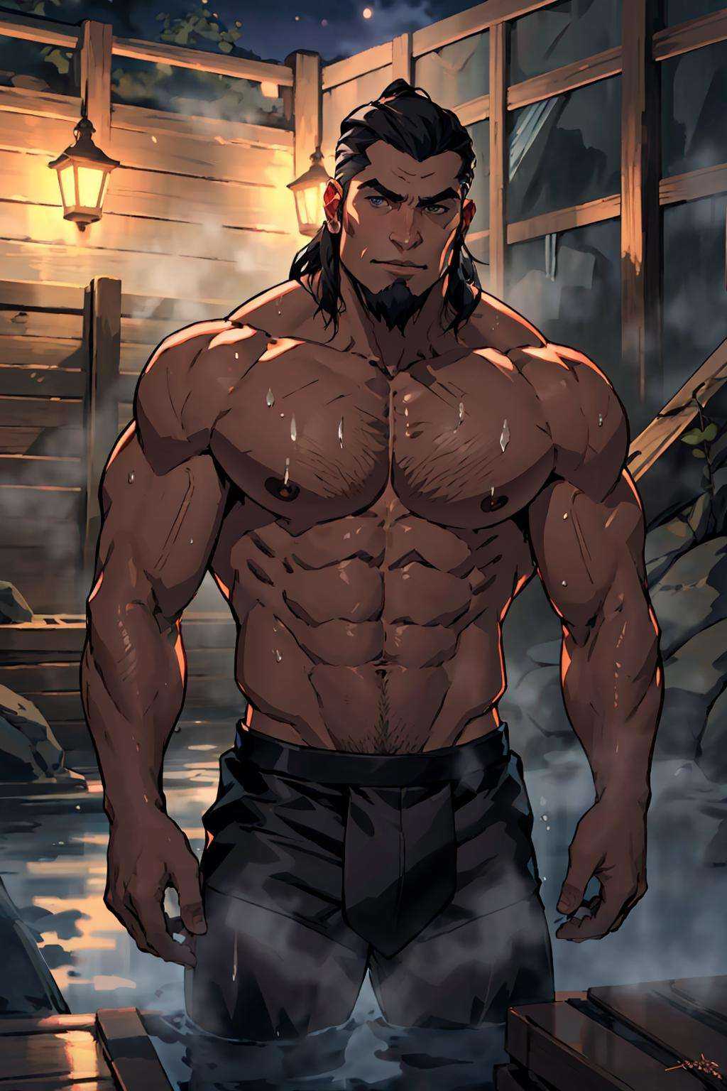 anime, masterpiece, best quality, ultra-detailed, medium close-up Portrait of attractive Tonraq, giant muscular, bathing, sauna, shirtless, portrait, volumetric lighting, best quality, masterpiece, intricate details, tonemapping, sharp focus, hyper detailed, trending on Artstation,  <lora:Tonraq:0.7>