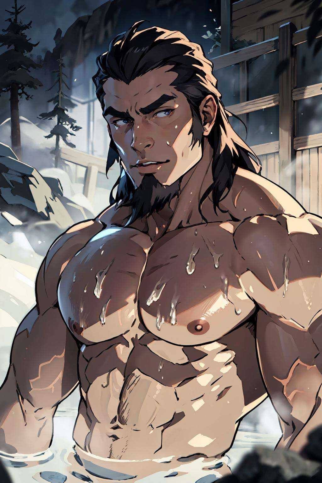anime, masterpiece, best quality, ultra-detailed, medium close-up Portrait of attractive Tonraq, giant muscular, bathing, sauna, shirtless, portrait, volumetric lighting, best quality, masterpiece, intricate details, tonemapping, sharp focus, hyper detailed, trending on Artstation,  <lora:Tonraq:0.7>