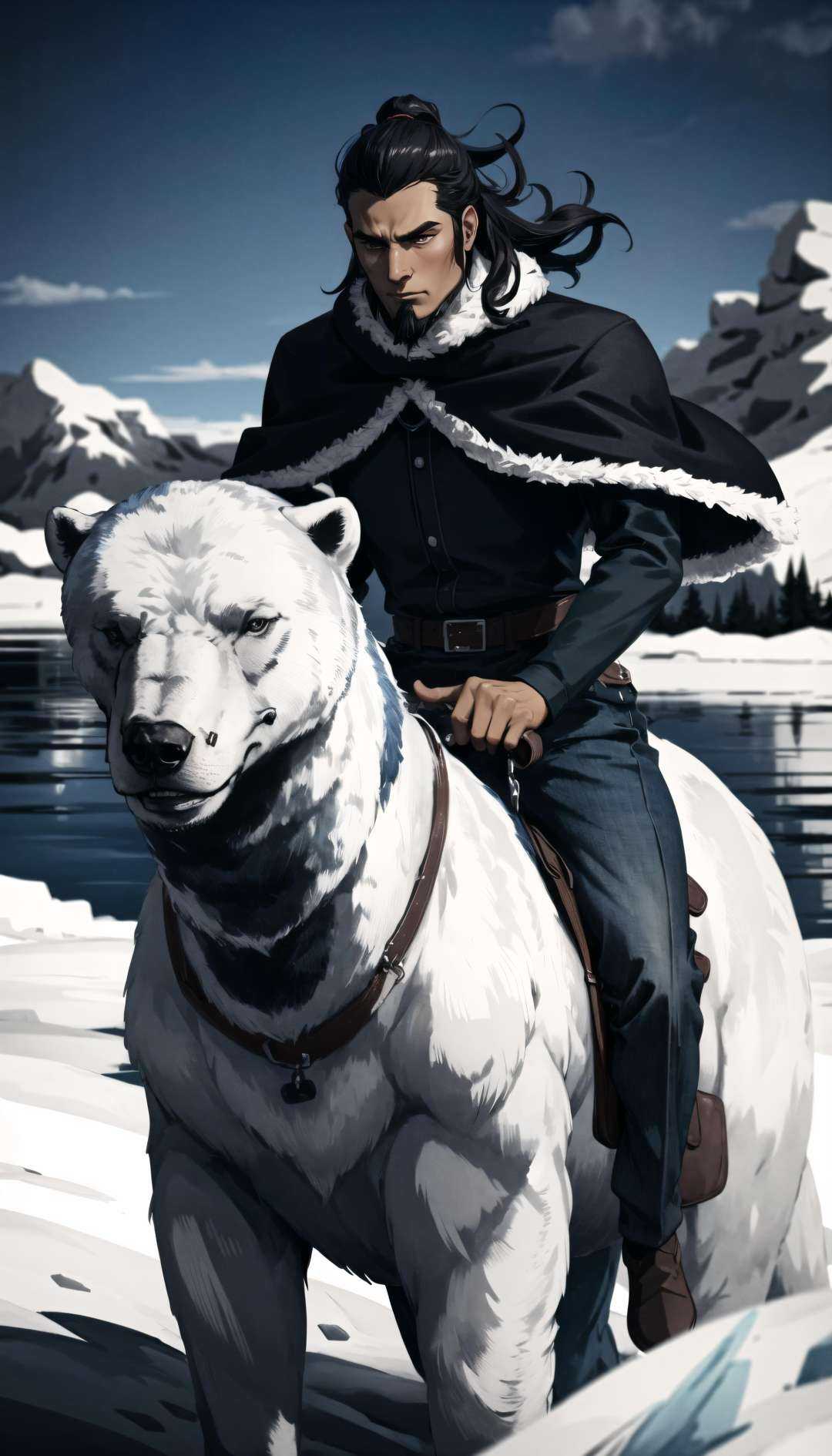 (cowboy shot),  sfw, (masterpiece), (best quality:1.0), (ultra highres:1.0), detailed eyes, scenic shotBREAK<lora:TonraqTLOK-000007:0.7>TonraqTLOK , muscular male,, dark-blue capelet, blue shirt, long sleeves, blue pants, (riding polar bear)BREAKwinter, gorgeous view 