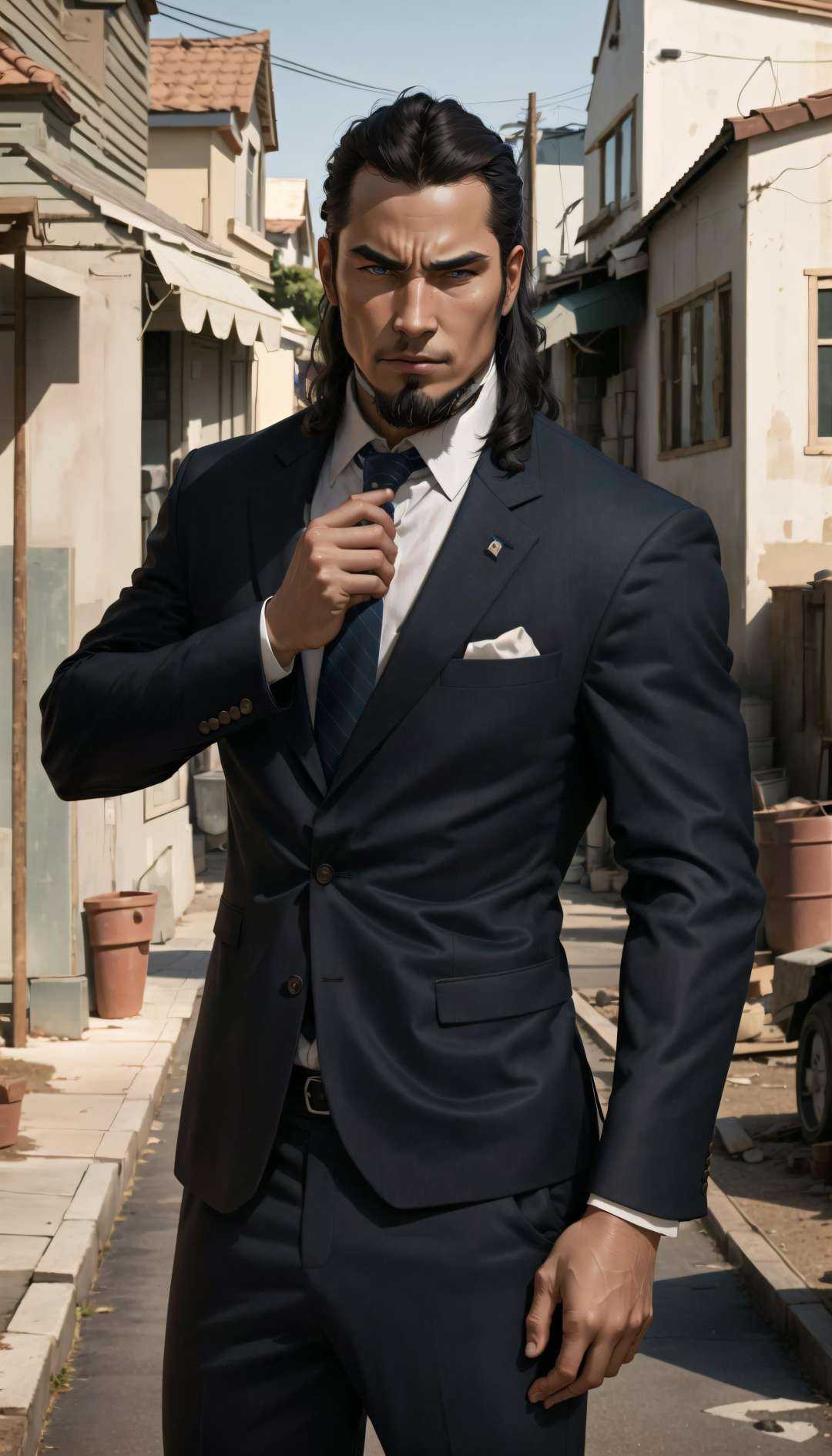 (cowboy shot),  sfw, (masterpiece), (best quality:1.0), (ultra highres:1.0), detailed eyesBREAK<lora:TonraqTLOK-000007:0.7>TonraqTLOK , suit, formal, tuxedo, necktie, adjusting tieBREAKparty, gorgeous view                  