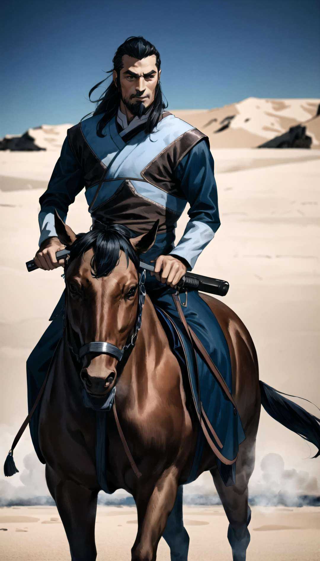 (cowboy shot),  sfw, (masterpiece), (best quality:1.0), (ultra highres:1.0), detailed eyesBREAK<lora:TonraqTLOK-000007:0.7>TonraqTLOK ,cowboy outfit, boots, riding horse<lyco:UnlimitedBladeWorksV1:1.0> holding gun, holsterBREAKdesert, gorgeous view 