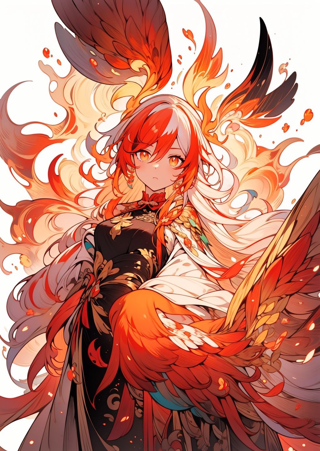  (masterpiece:1.3), (the best quality:1.2), (super fine illustrations:1.2), (Masterpiece), high quality, high detail,(white background:1.2), looking at viewer, (SOLO:1.4),outline,,simple background, white_hair, orange_eyes, streaked_hair, fu hua, orange_hair, red_hair, fire, fiery_hair, hair_between_eyes, multicolored_hair, fu hua\bengluo, fiery_wings
, Phoenix_girl