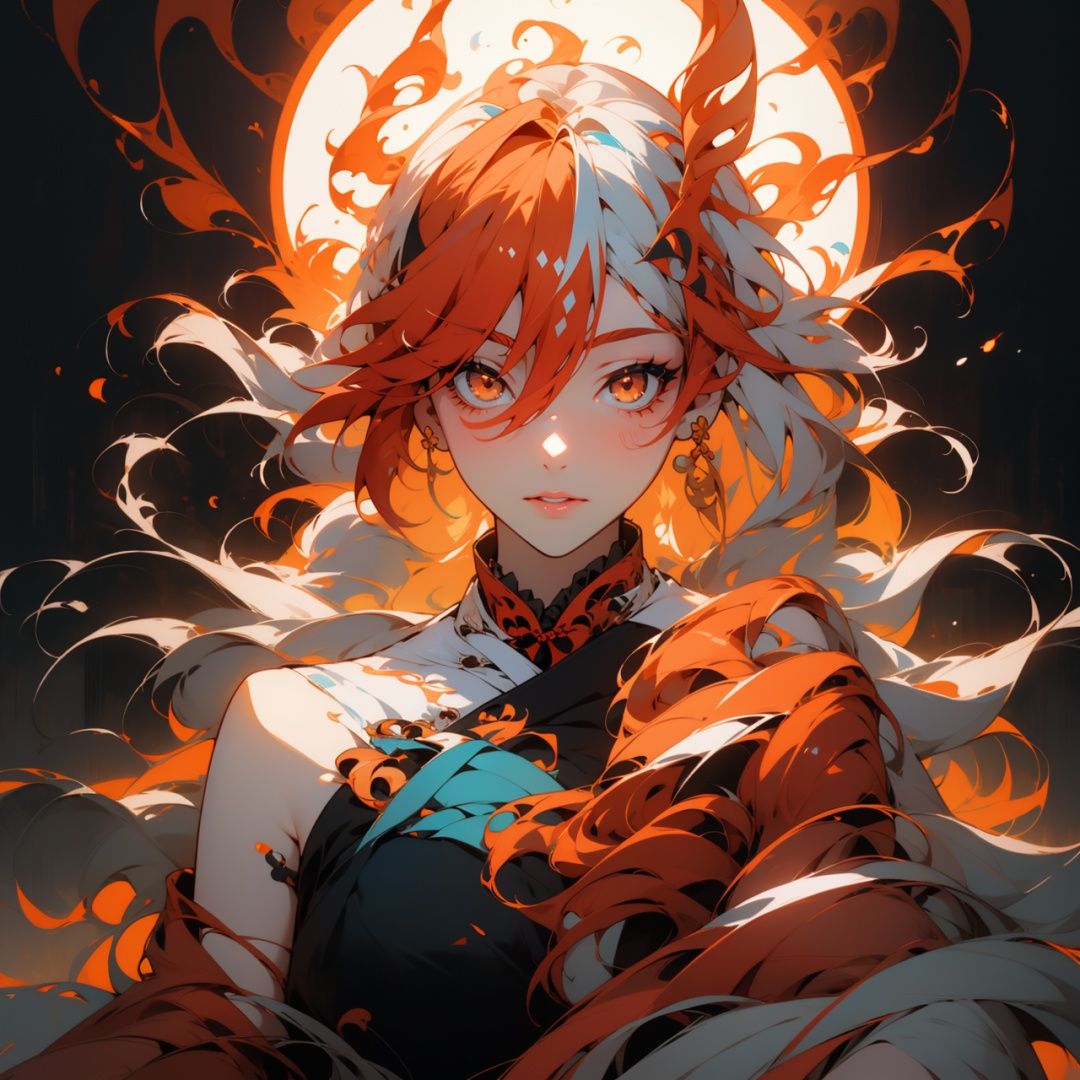 (masterpiece, top quality, best quality, official art, beautiful and aesthetic:1.1),(1girl:1.5),focusing,(reaction shot),extreme detailed,fractal art,(colorful:1.1),highest detailed,(Ink painting),flowing,creating a colorful and dreamlike atmosphere., fu hua\bengluo,As the moon,shidudou, fu hua\bengluowhite_hair, orange_eyes, streaked_hair, fu hua, orange_hair, red_hair, fire, fiery_hair, hair_between_eyes, multicolored_hair, fu hua\bengluo, fiery_wings, , , 

