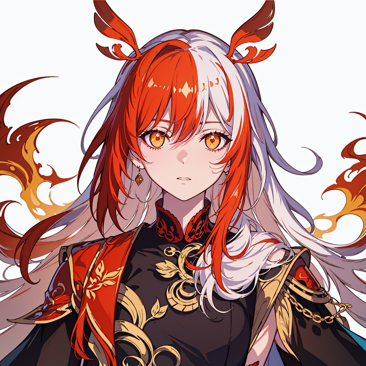 (masterpiece:1.3), (the best quality:1.2), (super fine illustrations:1.2), (Masterpiece), high quality, high detail,(white background:1.2), looking at viewer, (SOLO:1.4),outline,,simple background, white_hair, orange_eyes, streaked_hair, fu hua, orange_hair, red_hair, fire, fiery_hair, hair_between_eyes, multicolored_hair, fu hua\bengluo, fiery_wings