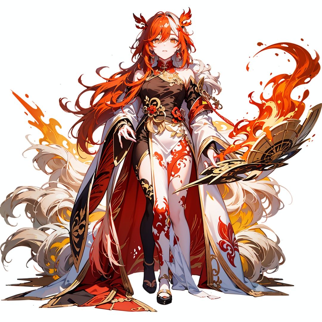  (masterpiece:1.3), (the best quality:1.2), (super fine illustrations:1.2), (Masterpiece), high quality, high detail,(white background:1.2), looking at viewer, (SOLO:1.4),outline,,simple background, white_hair, orange_eyes, streaked_hair, fu hua, orange_hair, red_hair, fire, fiery_hair, hair_between_eyes, multicolored_hair, fu hua\bengluo, fiery_wings