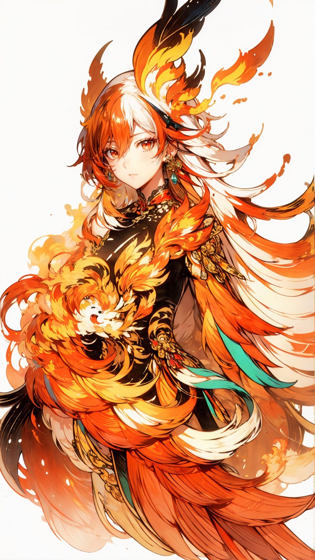  [(white background:1.4)::4], solo, (traditional media:1.3), round image, solo,outline,,simple background, white_hair, orange_eyes, streaked_hair, fu hua, orange_hair, red_hair, fire, fiery_hair, hair_between_eyes, multicolored_hair, fu hua\bengluo, fiery_wings
, Phoenix_girl, fflogo
