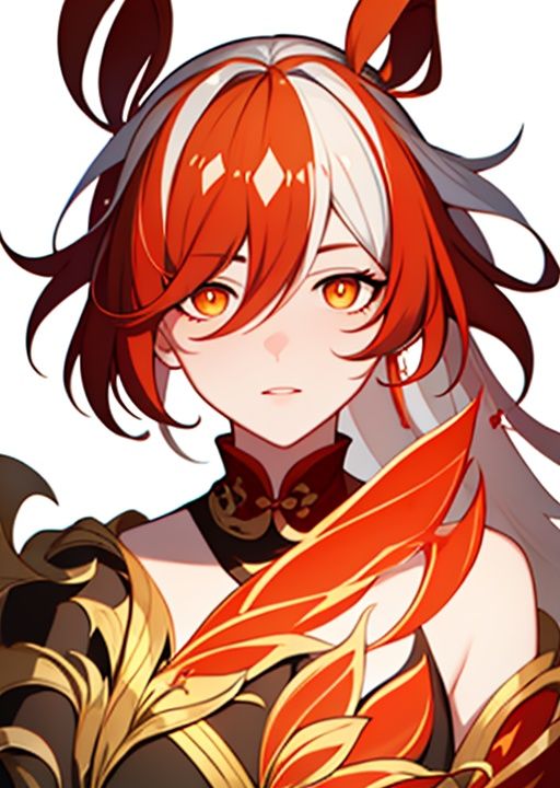 (masterpiece:1.3), (the best quality:1.2), (super fine illustrations:1.2), (Masterpiece), high quality, high detail,(white background:1.2), looking at viewer, (SOLO:1.4),outline,,simple background, <lora:bengluohua:0.8> white_hair, orange_eyes, streaked_hair, fu hua, orange_hair, red_hair, fire, fiery_hair, hair_between_eyes, multicolored_hair, fu hua\bengluo, fiery_wings