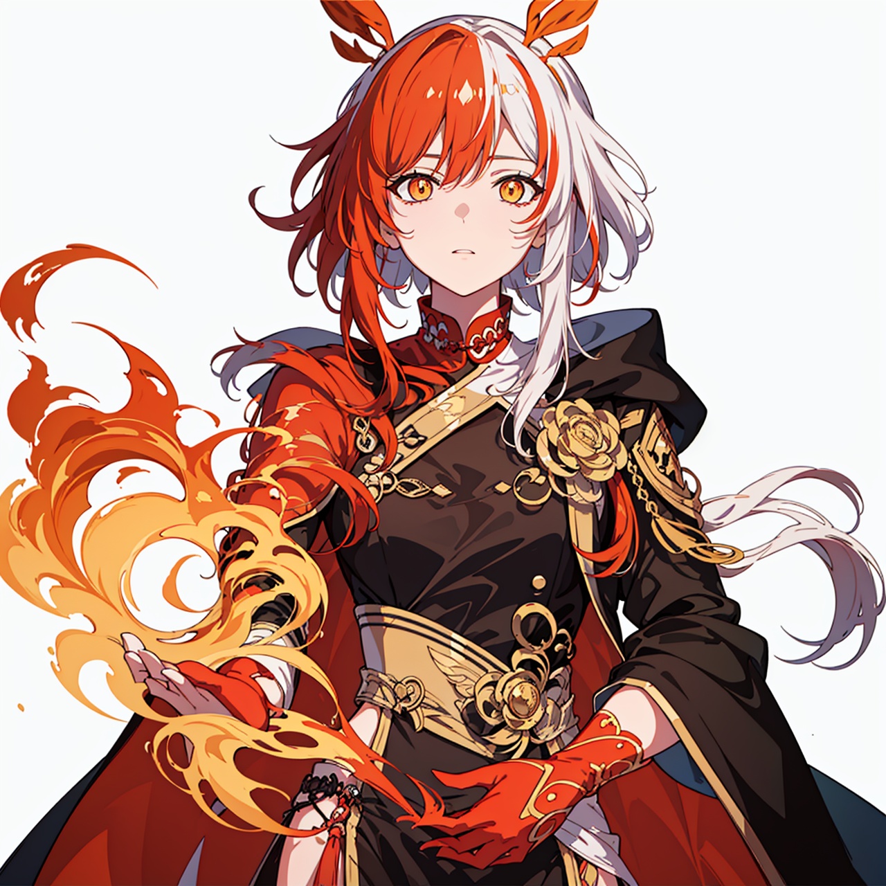 (masterpiece:1.3), (the best quality:1.2), (super fine illustrations:1.2), (Masterpiece), high quality, high detail,(white background:1.2), looking at viewer, (SOLO:1.4),outline,,simple background, white_hair, orange_eyes, streaked_hair, fu hua, orange_hair, red_hair, fire, fiery_hair, hair_between_eyes, multicolored_hair, fu hua\bengluo, fiery_wings