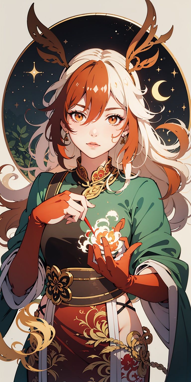 ((1girl)),(Masterpiece:1.2, high quality), (pixiv:1.4),water_fall,white background,DUNHUANG_CLOTHS,Crescent Moon
,As the moon,shidudou, fu hua\bengluowhite_hair, orange_eyes, streaked_hair, fu hua, orange_hair, red_hair, fire, fiery_hair, hair_between_eyes, multicolored_hair, fu hua\bengluo, fiery_wings