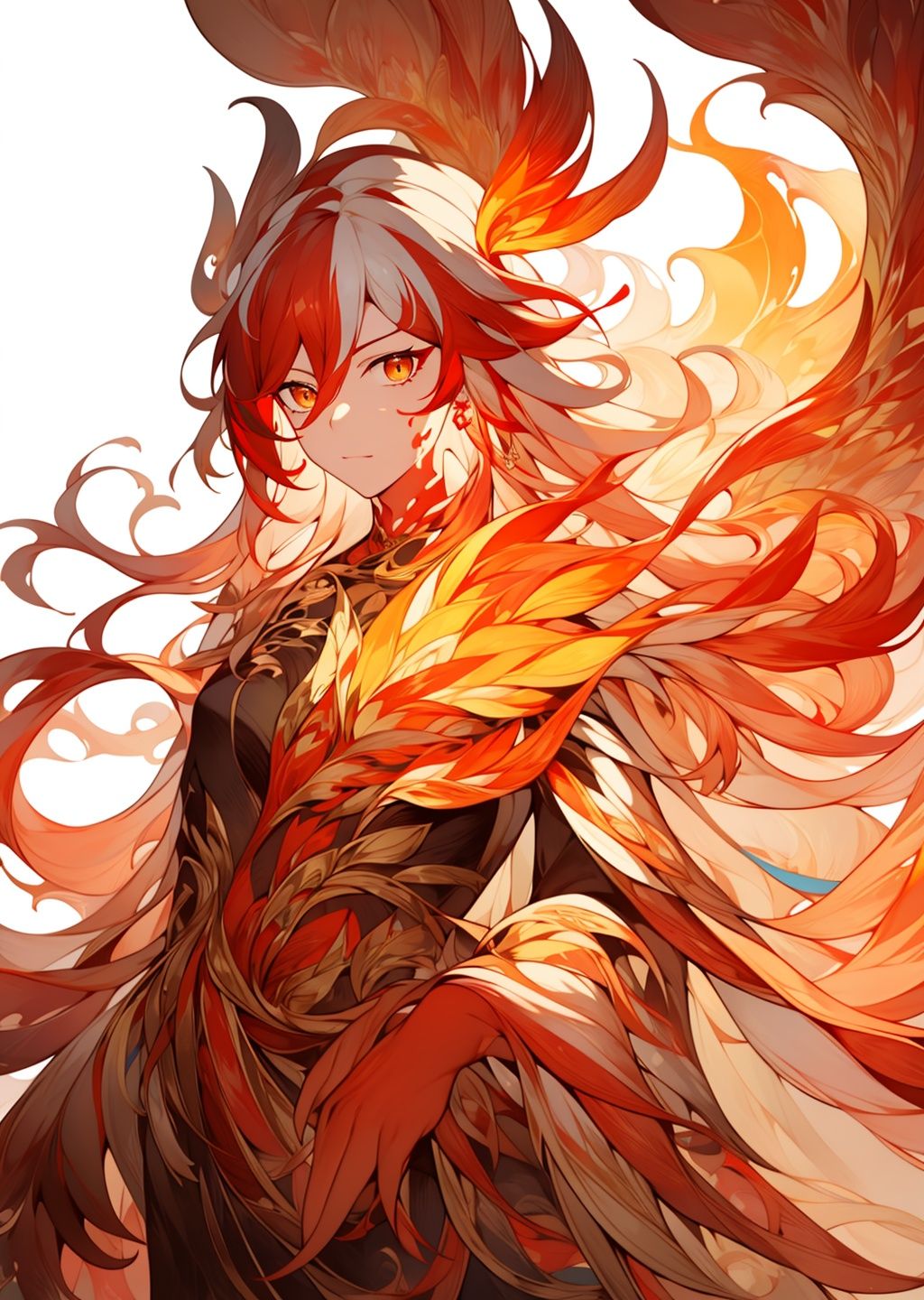  (masterpiece:1.3), (the best quality:1.2), (super fine illustrations:1.2), (Masterpiece), high quality, high detail,(white background:1.2), looking at viewer, (SOLO:1.4),outline,,simple background, white_hair, orange_eyes, streaked_hair, fu hua, orange_hair, red_hair, fire, fiery_hair, hair_between_eyes, multicolored_hair, fu hua\bengluo, fiery_wings
, Phoenix_girl