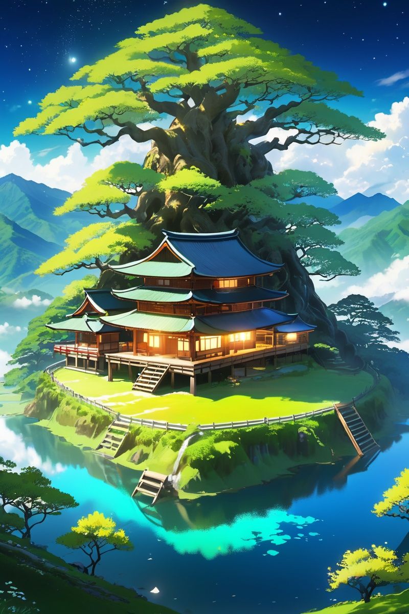 A huge ancient tree（（Glowing spirit tree、with light glowing））、illumination、thatched hut、springtime、jungles、lakes、grassy fields、Rochas、hot onsen、hydrosphere、surrounded by cloud,