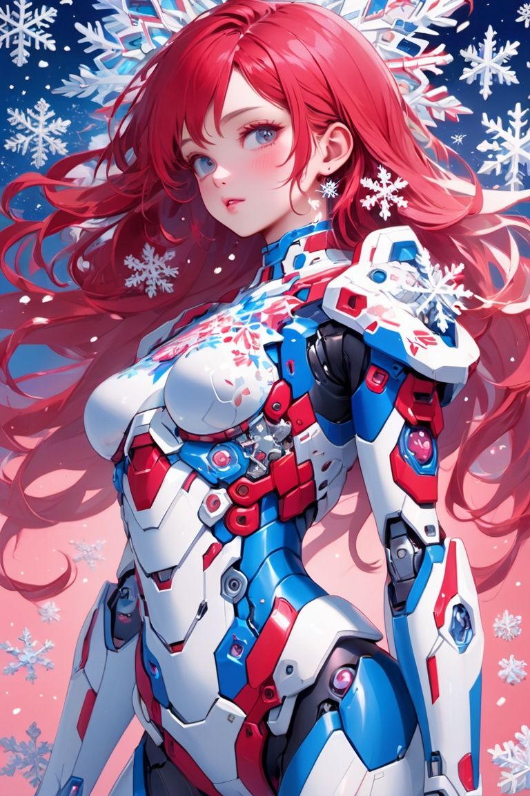 (masterpiece, top quality, best quality, official art, beautiful and aesthetic:1.2),(1girl),extreme detailed,colorful,highest detailed.red,White,Blue,Chest,Abdomen,Snowflakes falling,(whole body:1.5),a face,(Only one face.:1.1),Pink Mecha, 
