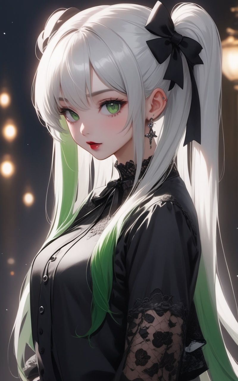 masterpiece, best quality, 1girl, solo, long hair, twin tails, hair buns, multicolored hair,two-tone hair, white hair, green hair, black hair,bangs, makeup, black lips, lipstick, mascara, eyeshadow, cross necklace, hair bow, front bow, lace jacket, lace gloves, fishnets, black leggings, gothic attire, dynamic angle, side lighting, shiny skin, detailed eyes, detailed face,