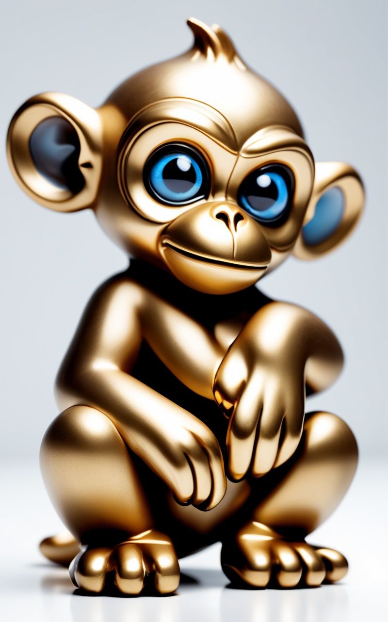 cinematic film still sticker print of a chunky funky brass monkey with glowing blue eyes, isolated on empty white background, high detail, realistic, masterpiece, 10k . shallow depth of field, vignette, highly detailed, high budget, bokeh, cinemascope, moody, epic, gorgeous, film grain, grainy