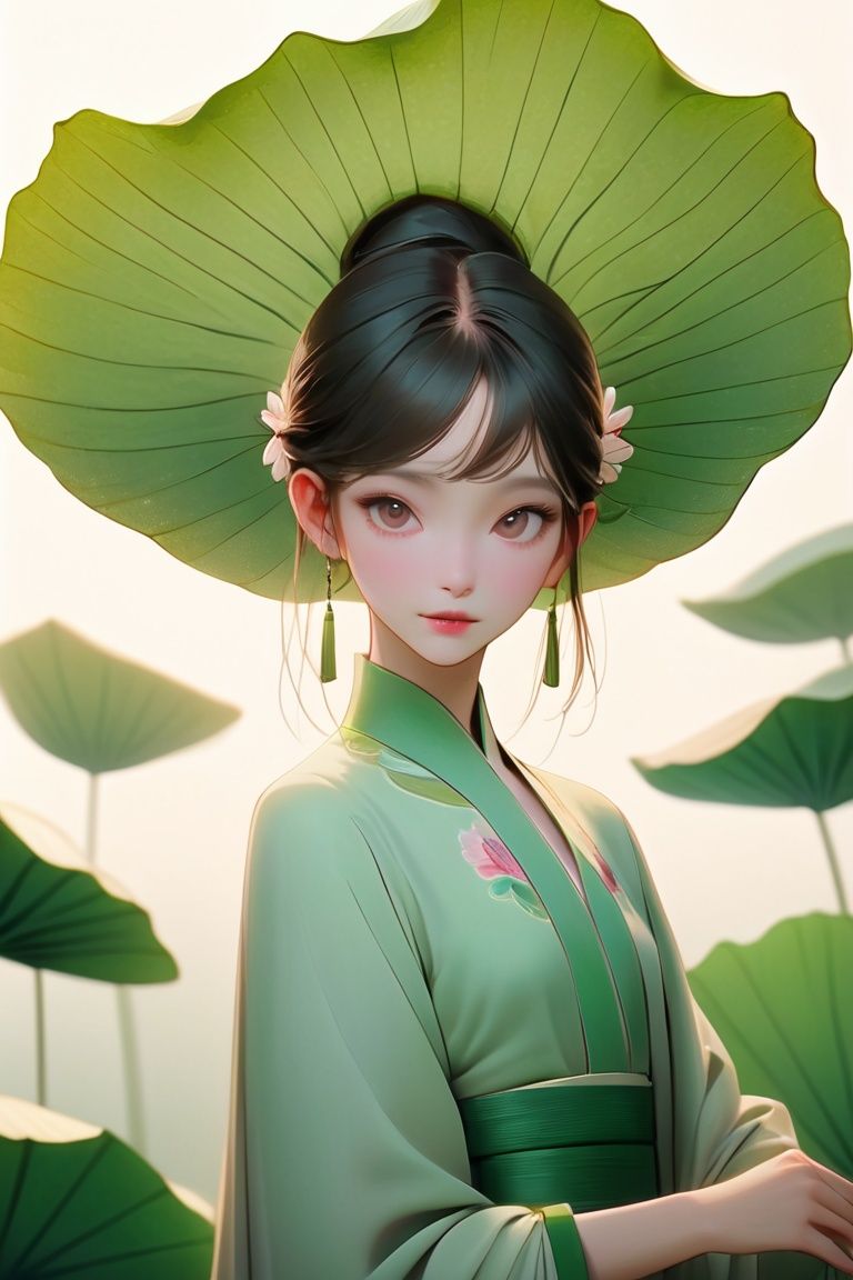 RAW photo, detailed face, ++, f22, beautiful symmetrical face, cute natural makeup, elegant, feminine, highly detailed, a 1girl, (full body:0.8)pose with parasols like a huge lotus leaf, ((huge lotus leaf))in the style of light emerald, oriental minimalism, subtle elegance, hd mod, in the style of elegant clothing, light green, realistic yet ethereal, simplistic designs, oriental, whimsical shapes, serene harmony beautiful symmetrical face, elegant, feminine, highly detailed, intricate,best quality, ultra-detailed, masterpiece, hires, 8k,(photorealistic),transparent,