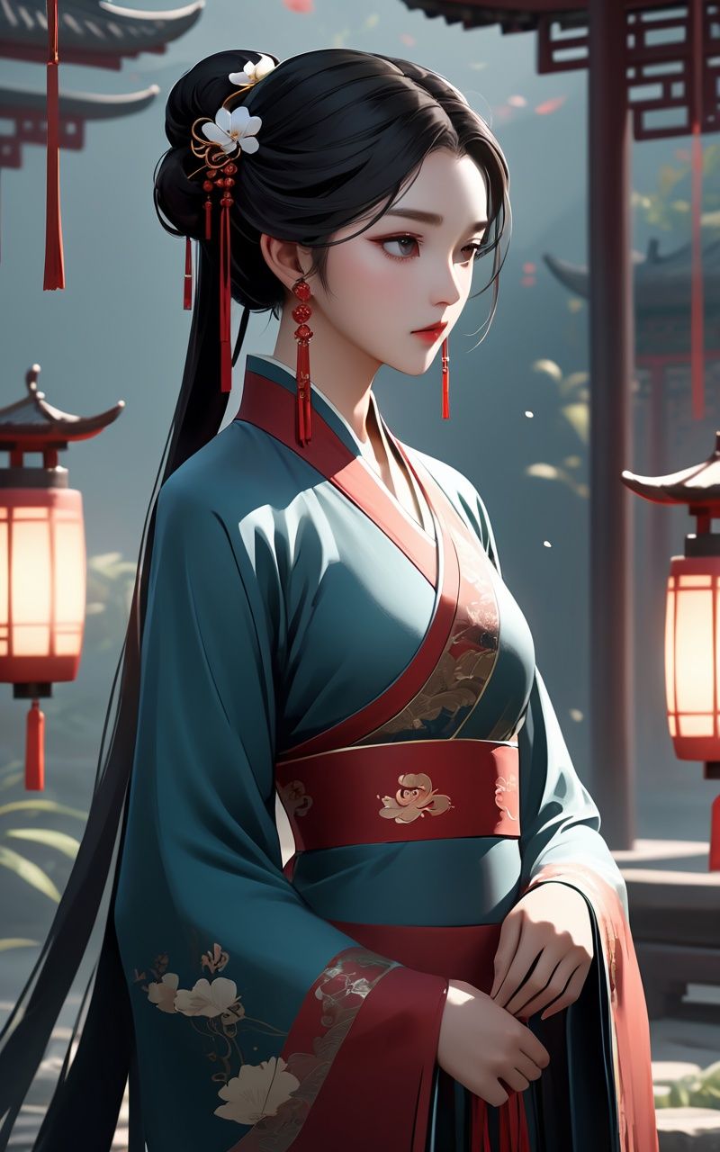 concept art chinese girl,chinese clothes, song Dynasty  ,cinematic photo 1girl, a girl in a long dress. F/8 photograph, film, bokeh, professional, 4k, highly detailed,art by wlop . digital artwork, illustrative, painterly, matte painting, highly detailed
