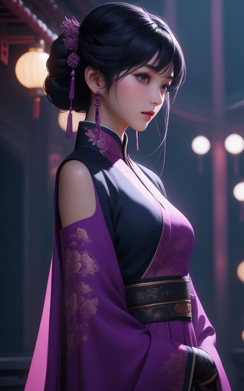 neonpunk style chinese girl,chinese clothes, song Dynasty  ,cinematic photo 1girl, a girl in a long dress. F/8 photograph, film, bokeh, professional, 4k, highly detailed,art by wlop . cyberpunk, vaporwave, neon, vibes, vibrant, stunningly beautiful, crisp, detailed, sleek, ultramodern, magenta highlights, dark purple shadows, high contrast, cinematic, ultra detailed, intricate, professional