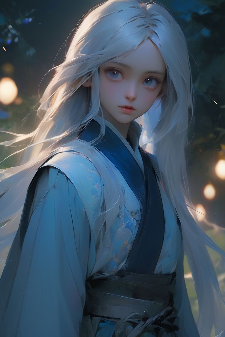 (masterpiece,best quality:1.5), , asian girl with white hair,12 years old, straight hair, blue clothes, holding a sword, in the style of dark azure and light azure, mixes realistic and fantastical elements, vibrant manga, uhd image, glassy translucence, vibrant illustrations, ultra realistic, long hair, straight hair, portrait, mysterious forest, firefly, bokeh, mysterious, night, sky, cloud, eyes detail, beautiful eyes, light in eyes,hanfu,  