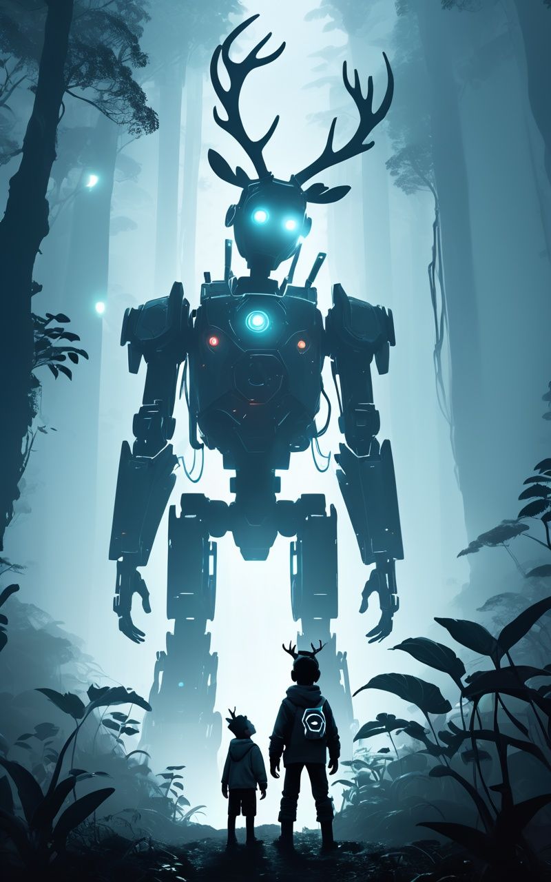 concept art a photo of boy with antlers on his head standing in a foggy jungle wearing worn out clothes looking up at a huge robot with lights, volumetric lighting, cold tones . digital artwork, illustrative, painterly, matte painting, highly detailed