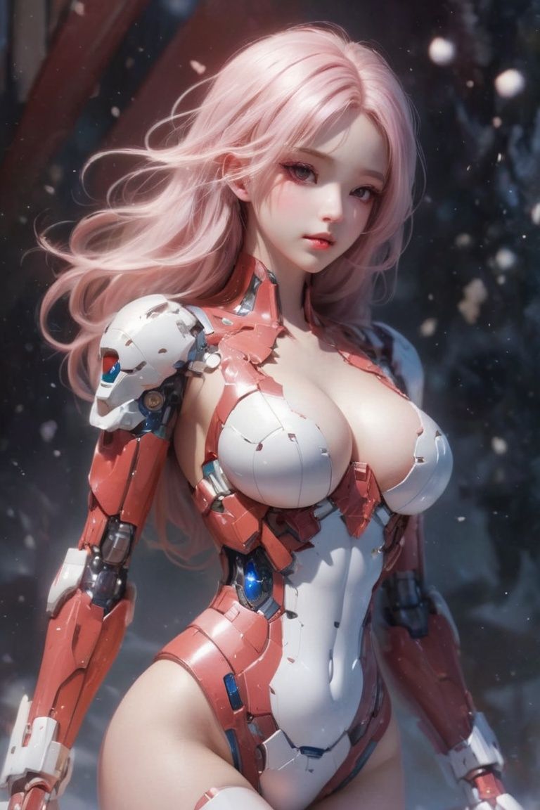 (masterpiece, top quality, best quality, official art, beautiful and aesthetic:1.2),(1girl),extreme detailed,colorful,highest detailed.red,White,Blue,Chest,Abdomen,Snowflakes falling,(whole body:1.5),a face,(Only one face.:1.1),Pink Mecha, <lora:EMS-16074-EMS:0.8>